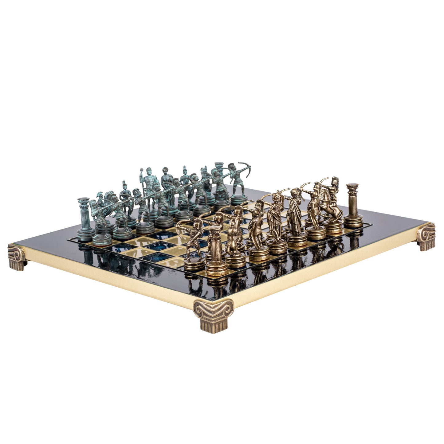 Handcrafted Luxury Archers Chess Set -Blue/Brass Chessmen and Bronze Chessboard (Small)