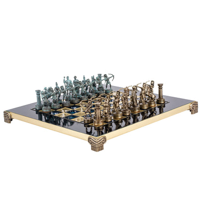 Handcrafted Luxury Archers Chess Set -Blue/Brass Chessmen and Bronze Chessboard (Small)