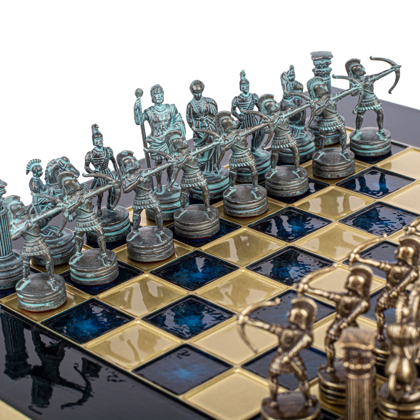 Handcrafted Luxury Archers Chess Set -Blue/Brass Chessmen and Bronze Chessboard (Small)