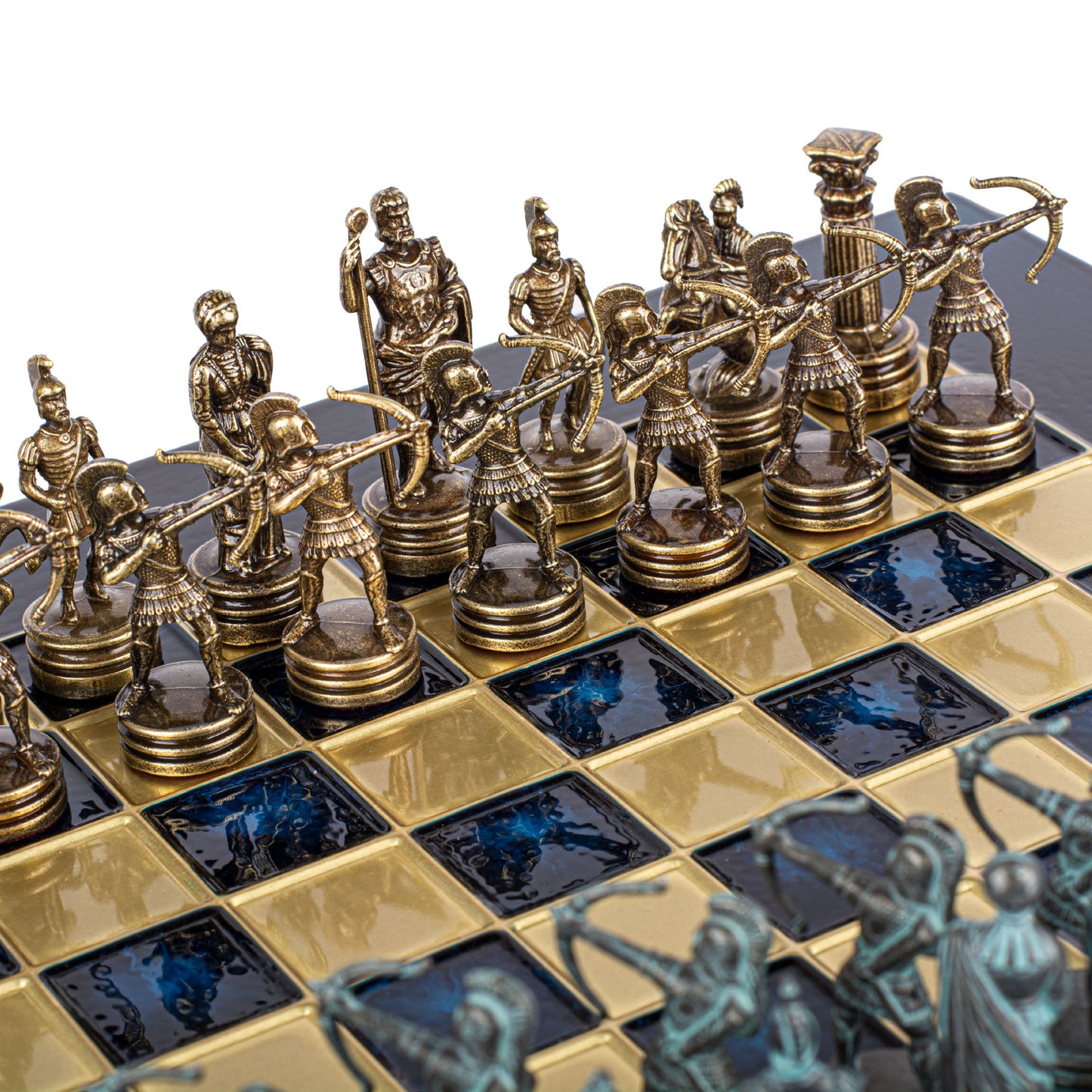 Handcrafted Luxury Archers Chess Set -Blue/Brass Chessmen and Bronze Chessboard (Small)