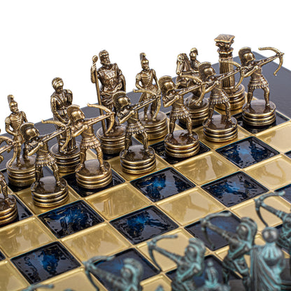 Handcrafted Luxury Archers Chess Set -Blue/Brass Chessmen and Bronze Chessboard (Small)