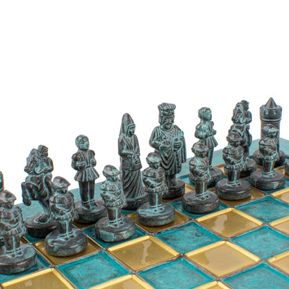 Handcrafted Byzantine Empire Chess Set, Blue & Brass (Extra Small)