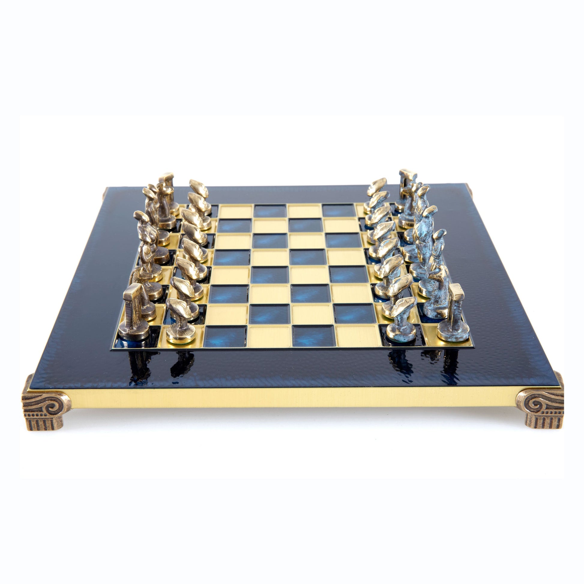 CYCLADIC ART SOLID BRASS CHESS SET with blue/brown chessmen and bronze chessboard 28 x 28cm (Small) - Premium Chess from MANOPOULOS Chess & Backgammon - Just €188.70! Shop now at MANOPOULOS Chess & Backgammon