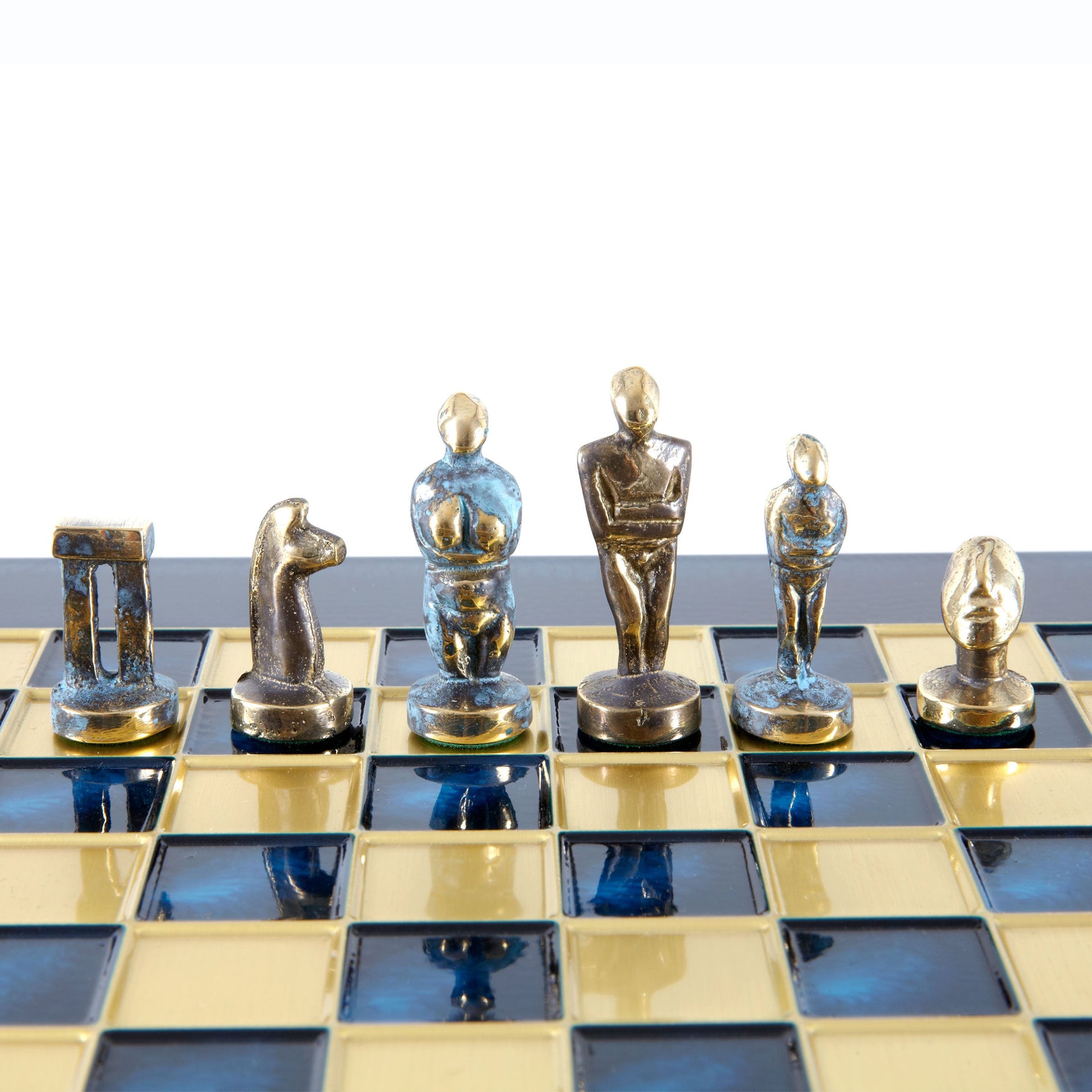 CYCLADIC ART SOLID BRASS CHESS SET with blue/brown chessmen and bronze chessboard 28 x 28cm (Small) - Premium Chess from MANOPOULOS Chess & Backgammon - Just €188.70! Shop now at MANOPOULOS Chess & Backgammon