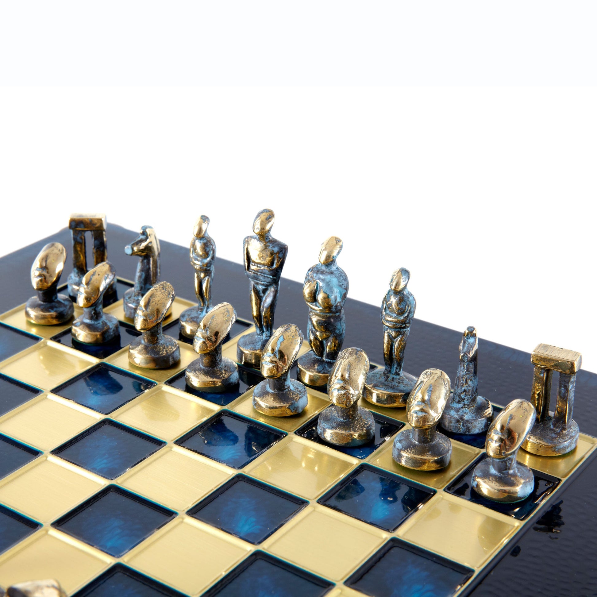 CYCLADIC ART SOLID BRASS CHESS SET with blue/brown chessmen and bronze chessboard 28 x 28cm (Small) - Premium Chess from MANOPOULOS Chess & Backgammon - Just €188.70! Shop now at MANOPOULOS Chess & Backgammon