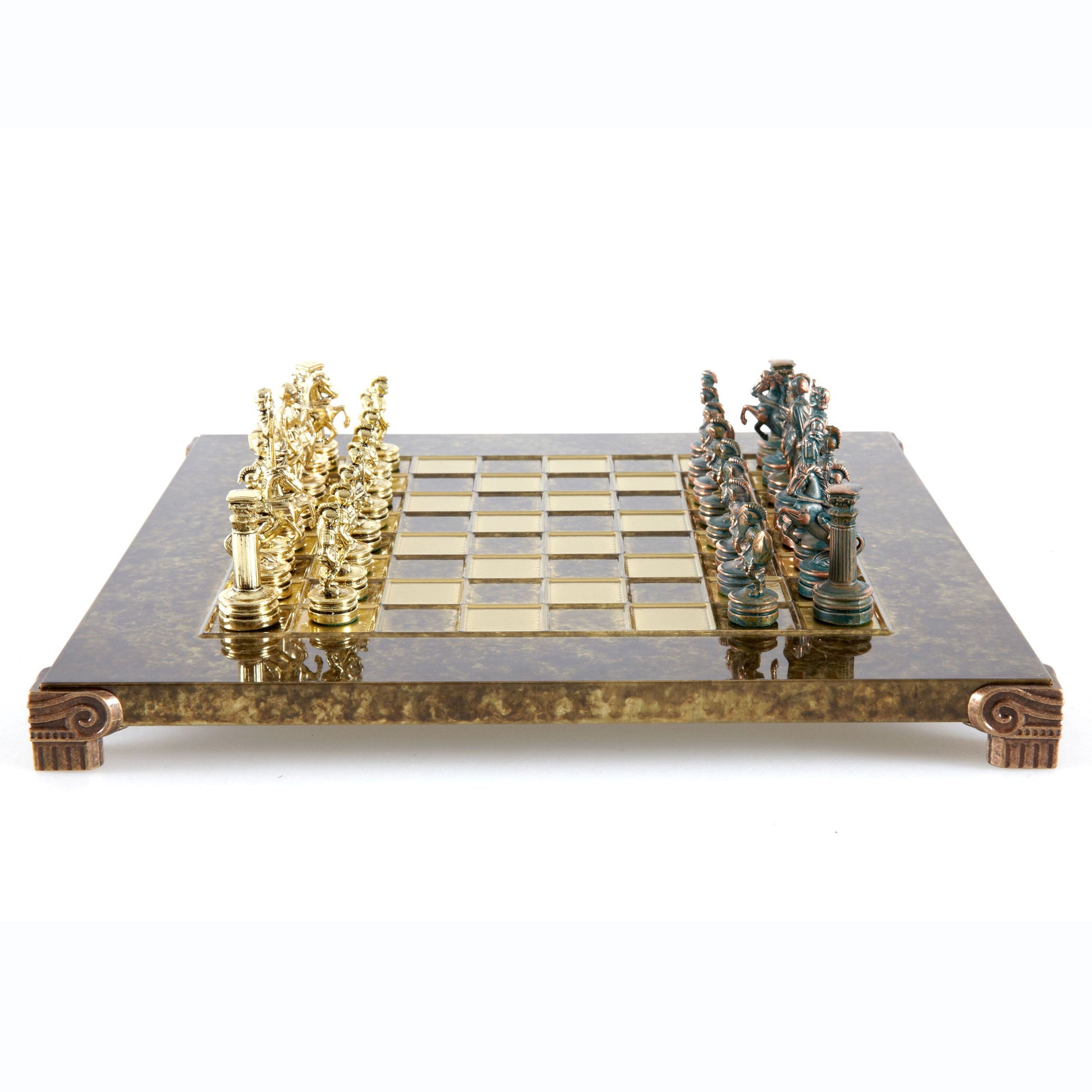 GREEK ROMAN PERIOD CHESS SET with gold/green chessmen and bronze chessboard 28 x 28cm (Small) - Premium Chess from MANOPOULOS Chess & Backgammon - Just €163! Shop now at MANOPOULOS Chess & Backgammon