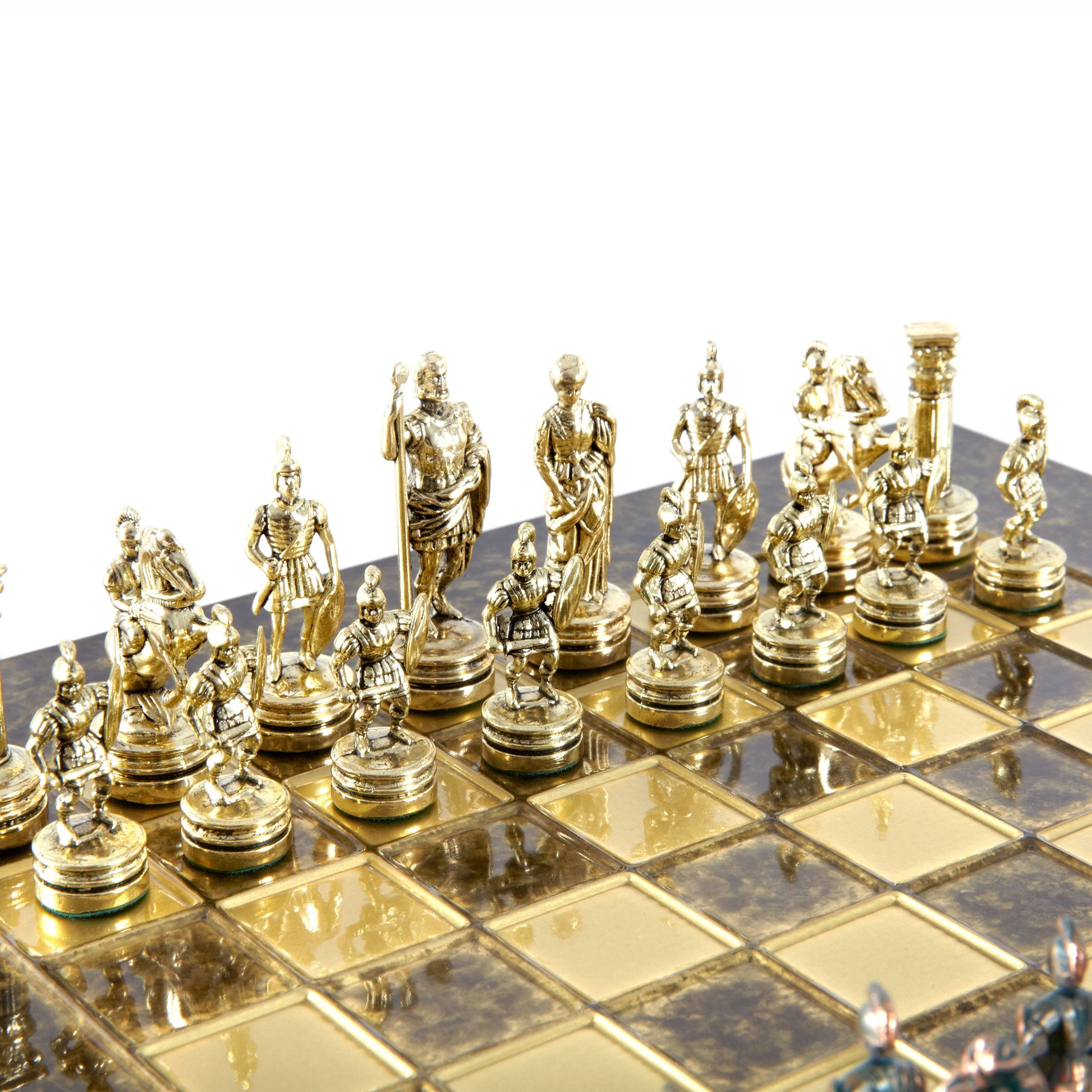 GREEK ROMAN PERIOD CHESS SET with gold/green chessmen and bronze chessboard 28 x 28cm (Small) - Premium Chess from MANOPOULOS Chess & Backgammon - Just €163! Shop now at MANOPOULOS Chess & Backgammon