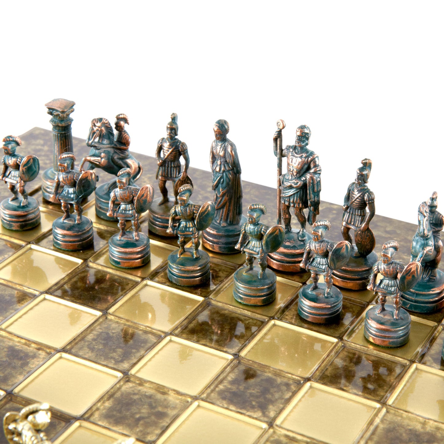 GREEK ROMAN PERIOD CHESS SET with gold/green chessmen and bronze chessboard 28 x 28cm (Small) - Premium Chess from MANOPOULOS Chess & Backgammon - Just €163! Shop now at MANOPOULOS Chess & Backgammon