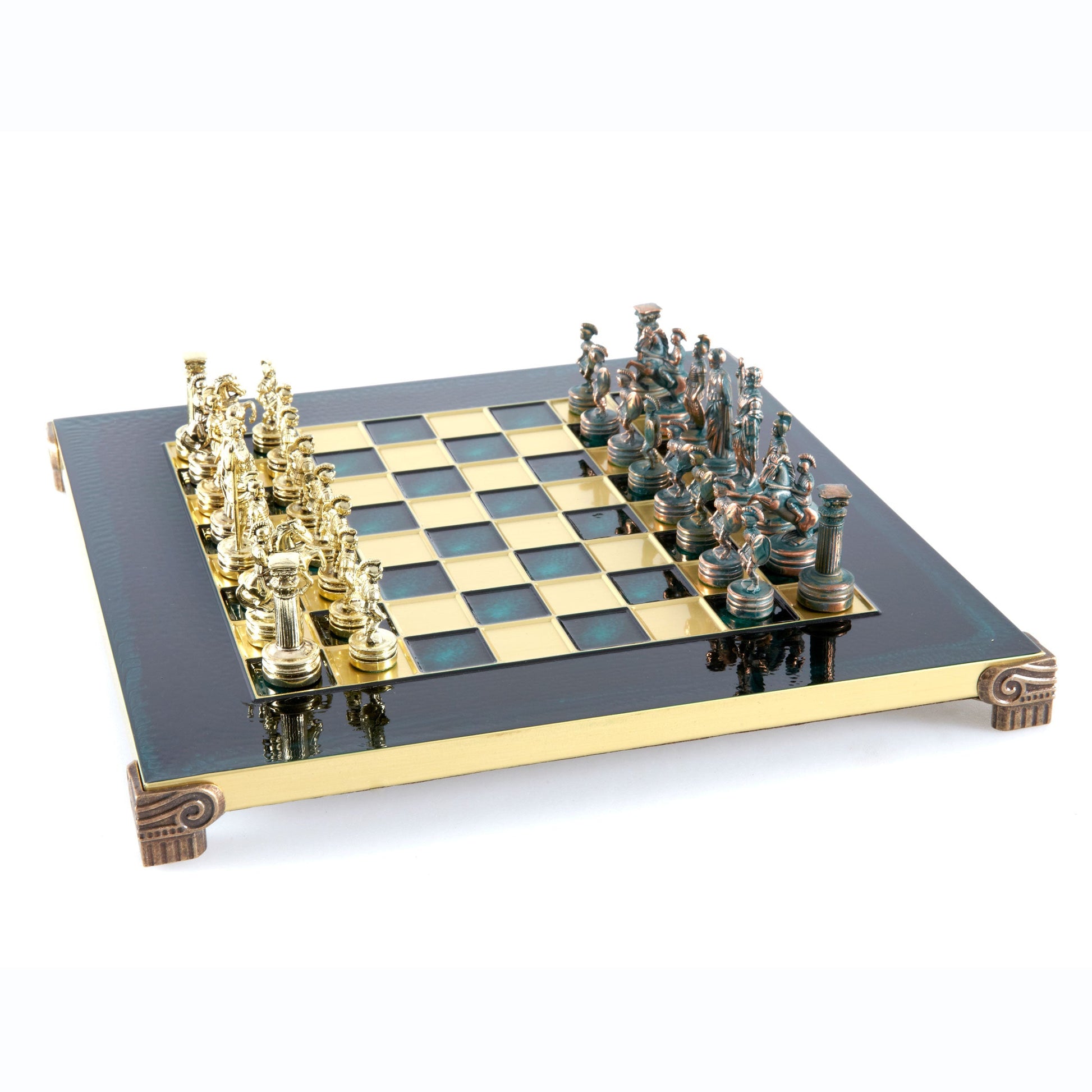 GREEK ROMAN PERIOD CHESS SET with gold/green chessmen and bronze chessboard 28 x 28cm (Small) - Premium Chess from MANOPOULOS Chess & Backgammon - Just €163! Shop now at MANOPOULOS Chess & Backgammon