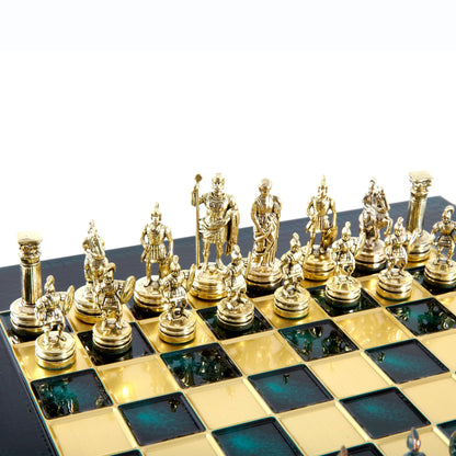 GREEK ROMAN PERIOD CHESS SET with gold/green chessmen and bronze chessboard 28 x 28cm (Small) - Premium Chess from MANOPOULOS Chess & Backgammon - Just €163! Shop now at MANOPOULOS Chess & Backgammon