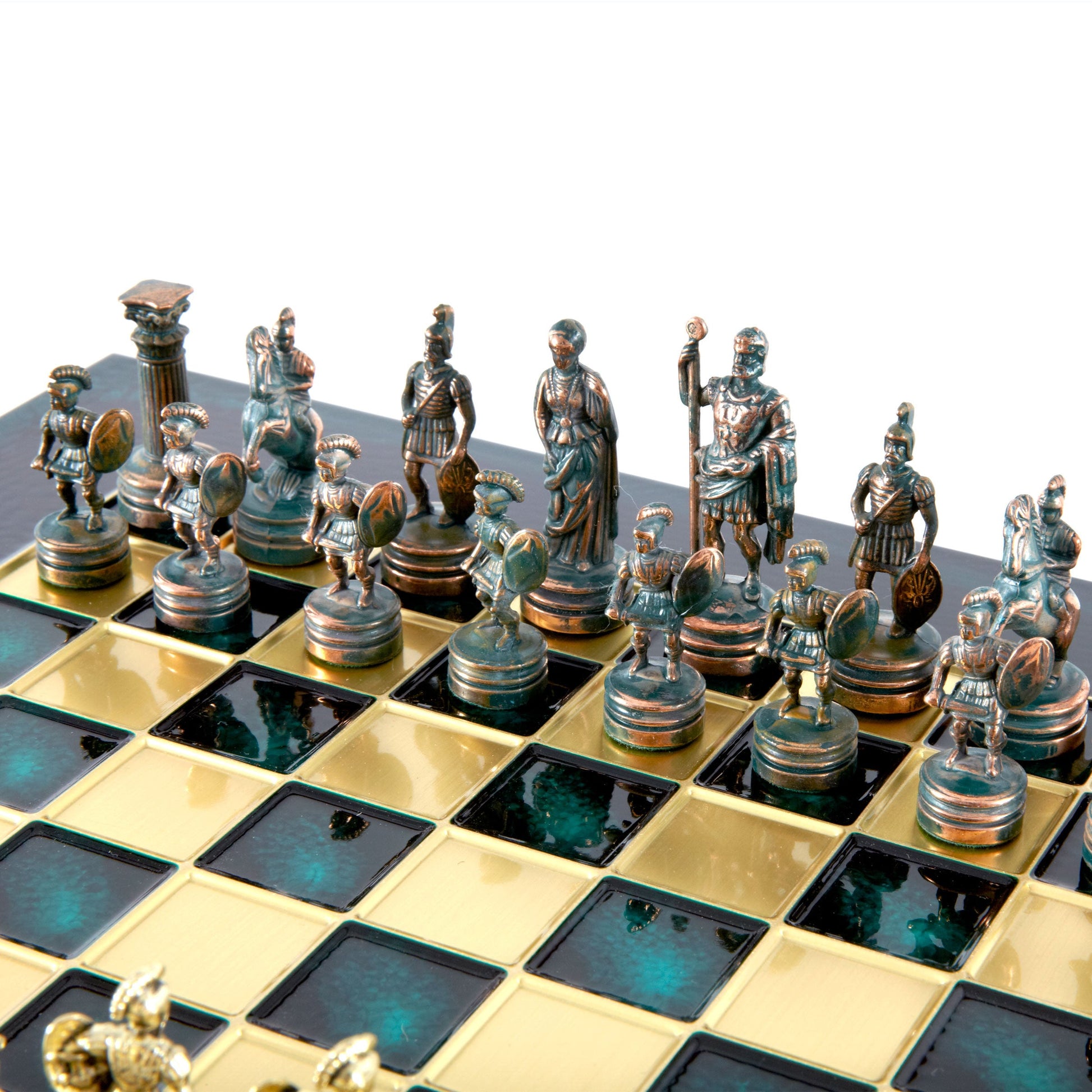 GREEK ROMAN PERIOD CHESS SET with gold/green chessmen and bronze chessboard 28 x 28cm (Small) - Premium Chess from MANOPOULOS Chess & Backgammon - Just €163! Shop now at MANOPOULOS Chess & Backgammon