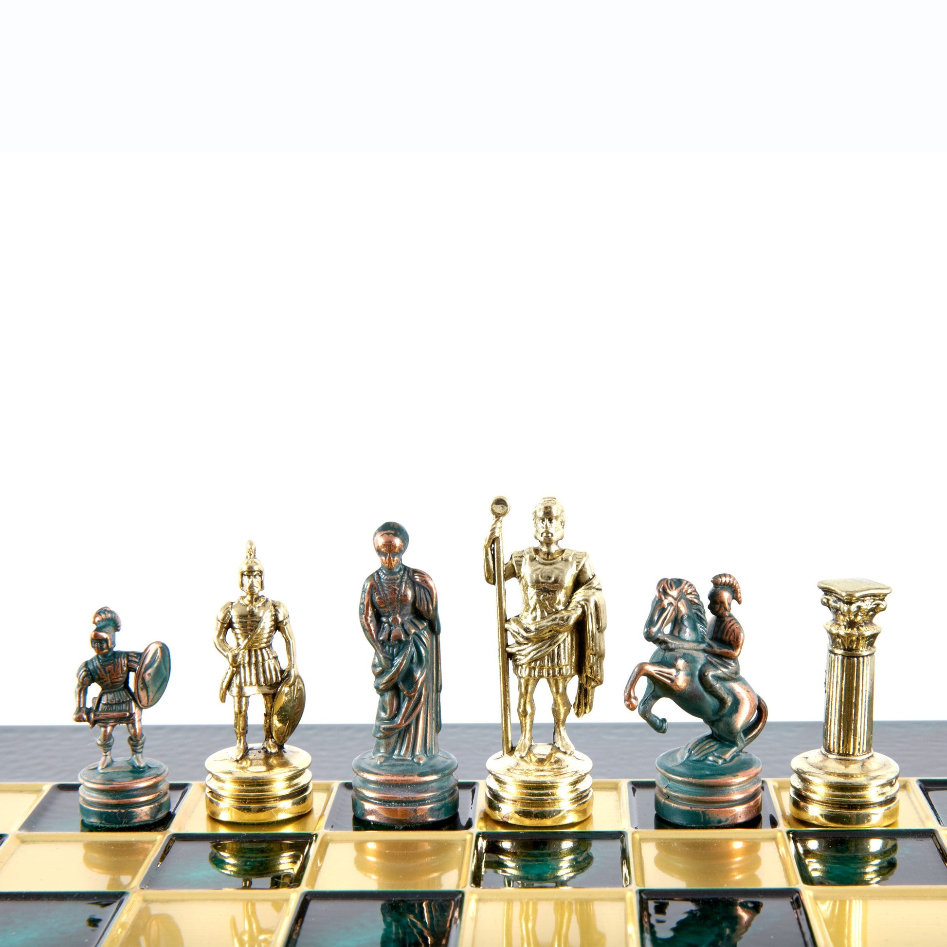 GREEK ROMAN PERIOD CHESS SET with gold/green chessmen and bronze chessboard 28 x 28cm (Small) - Premium Chess from MANOPOULOS Chess & Backgammon - Just €163! Shop now at MANOPOULOS Chess & Backgammon