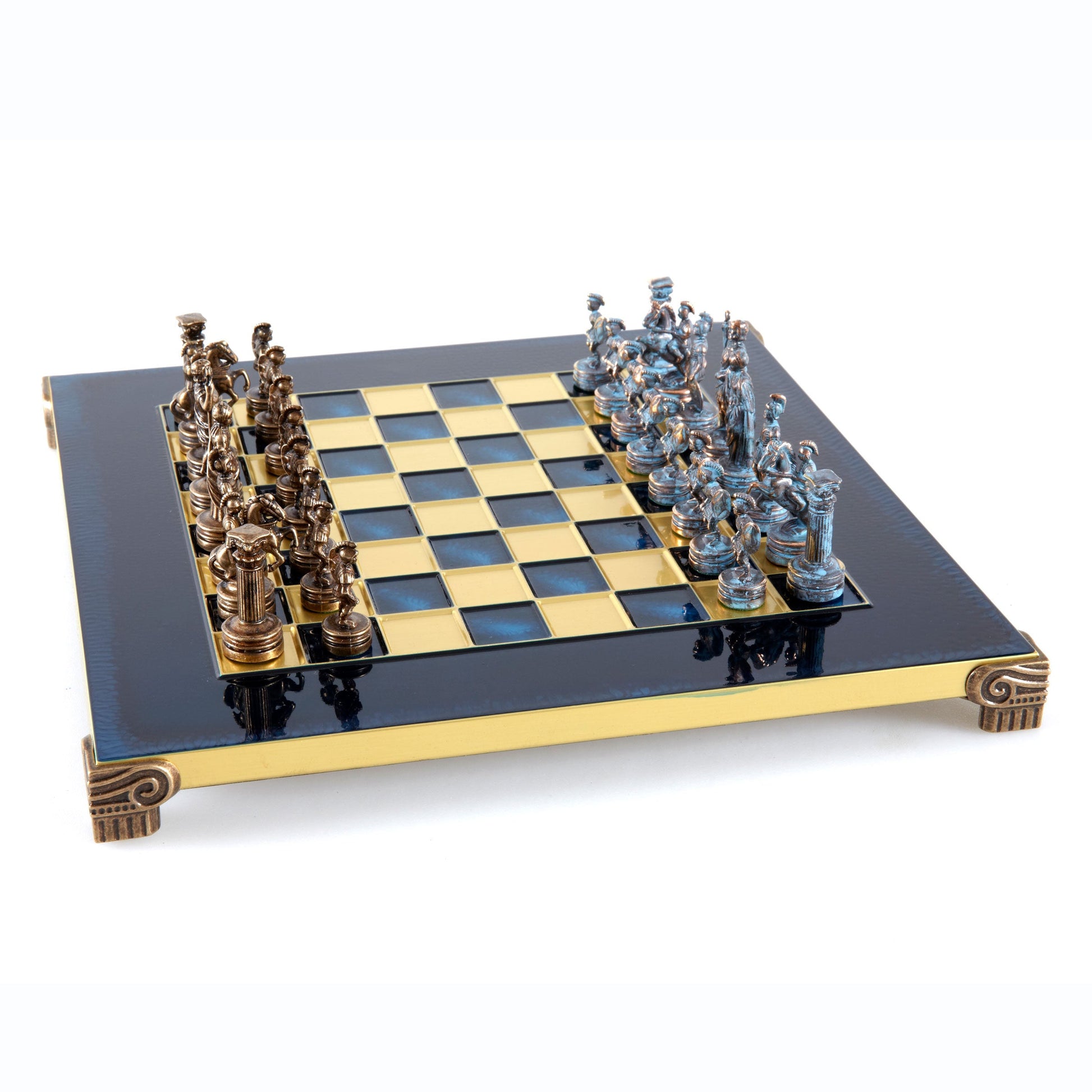 GREEK ROMAN PERIOD CHESS SET with blue/brown chessmen and bronze chessboard 28 x 28cm (Small) - Premium Chess from MANOPOULOS Chess & Backgammon - Just €163! Shop now at MANOPOULOS Chess & Backgammon