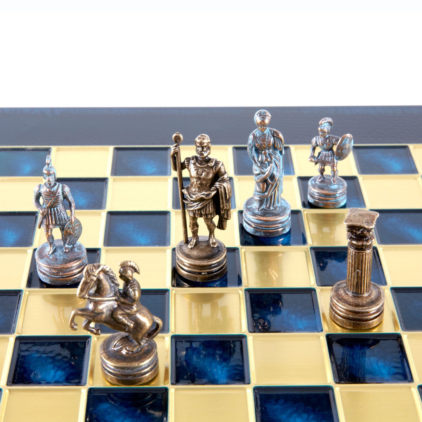 GREEK ROMAN PERIOD CHESS SET with blue/brown chessmen and bronze chessboard 28 x 28cm (Small) - Premium Chess from MANOPOULOS Chess & Backgammon - Just €163! Shop now at MANOPOULOS Chess & Backgammon