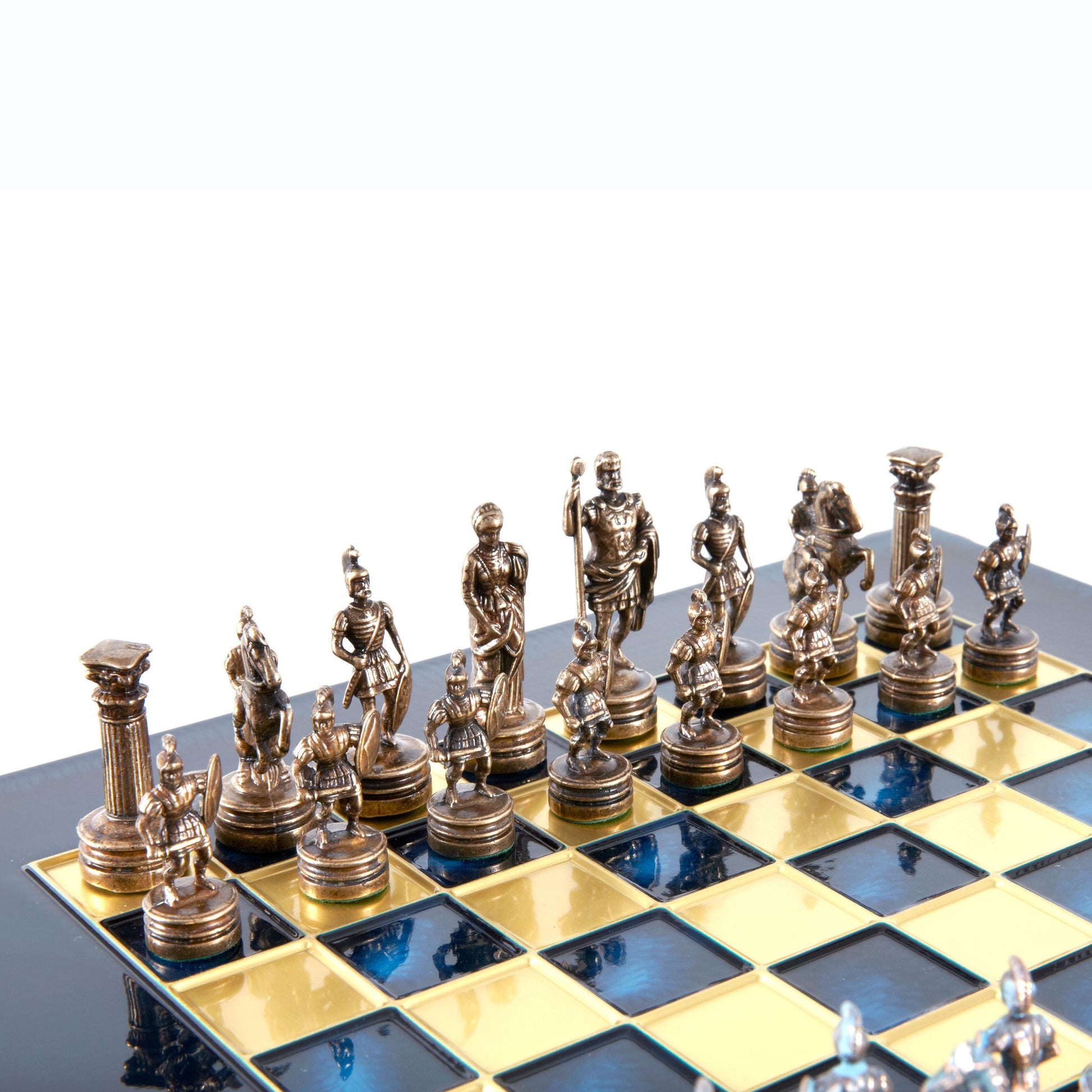 GREEK ROMAN PERIOD CHESS SET with blue/brown chessmen and bronze chessboard 28 x 28cm (Small) - Premium Chess from MANOPOULOS Chess & Backgammon - Just €163! Shop now at MANOPOULOS Chess & Backgammon