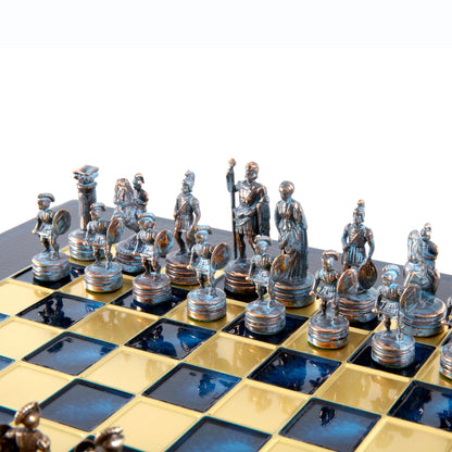 GREEK ROMAN PERIOD CHESS SET with blue/brown chessmen and bronze chessboard 28 x 28cm (Small) - Premium Chess from MANOPOULOS Chess & Backgammon - Just €163! Shop now at MANOPOULOS Chess & Backgammon