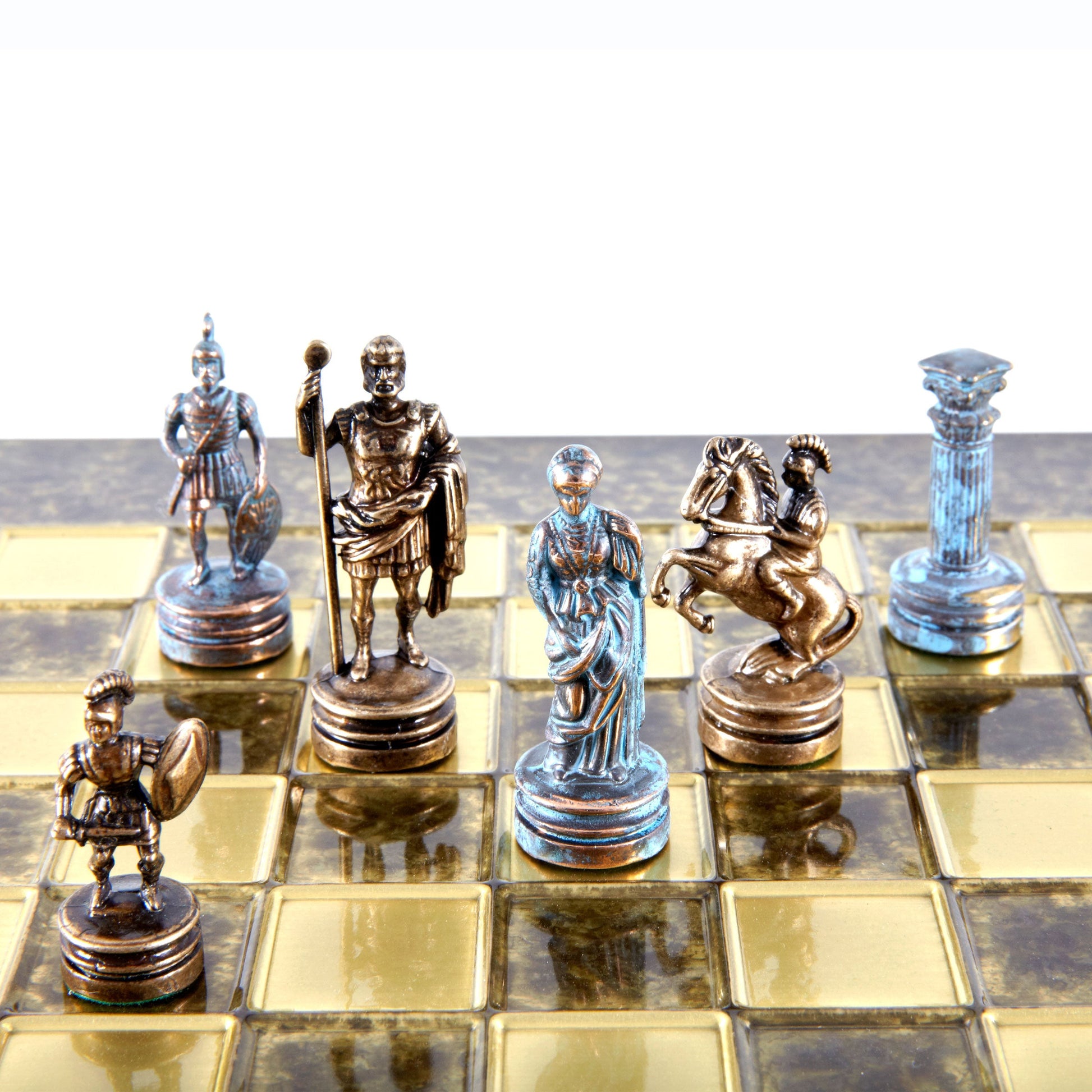 GREEK ROMAN PERIOD CHESS SET with blue/brown chessmen and bronze chessboard 28 x 28cm (Small) - Premium Chess from MANOPOULOS Chess & Backgammon - Just €163! Shop now at MANOPOULOS Chess & Backgammon