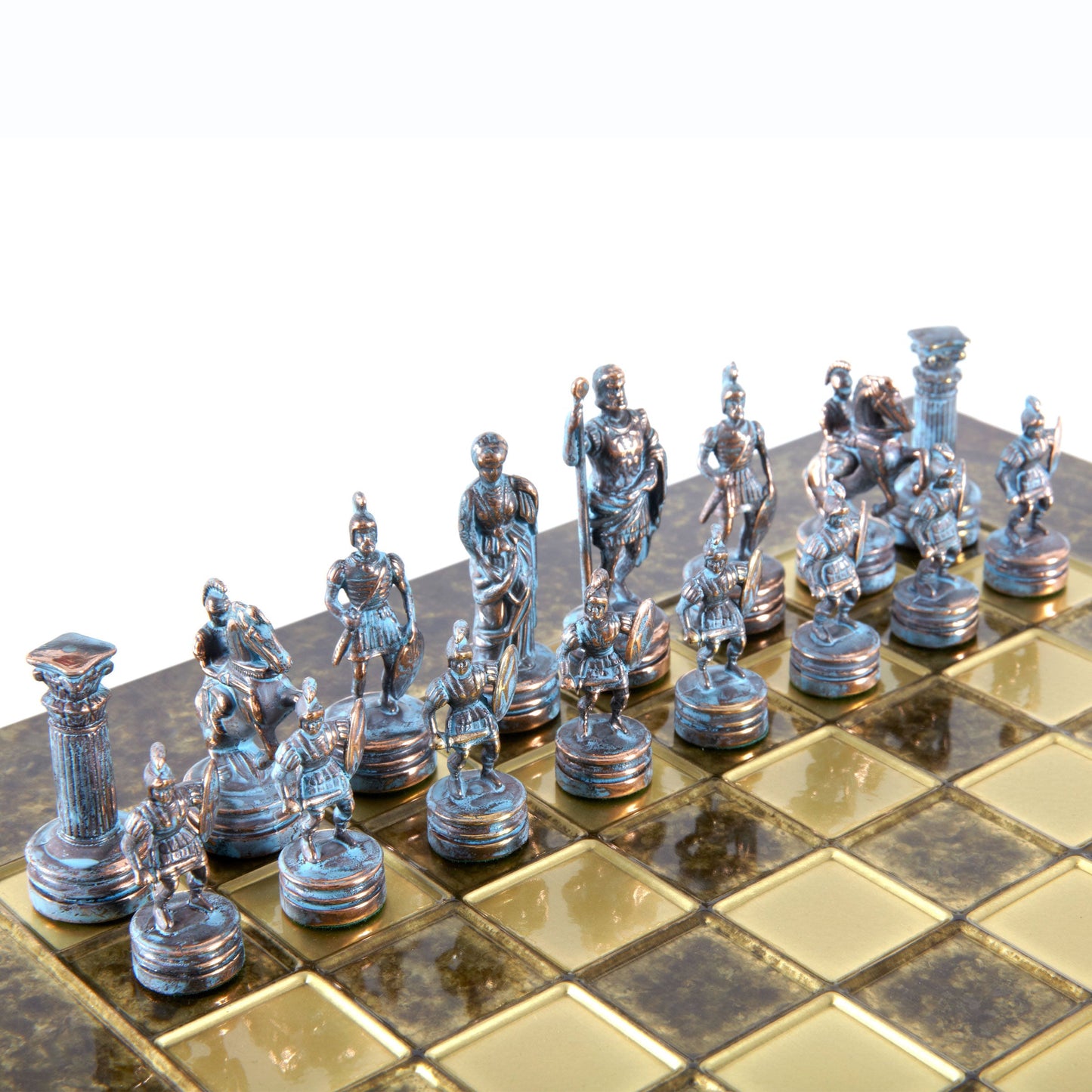 GREEK ROMAN PERIOD CHESS SET with blue/brown chessmen and bronze chessboard 28 x 28cm (Small) - Premium Chess from MANOPOULOS Chess & Backgammon - Just €163! Shop now at MANOPOULOS Chess & Backgammon