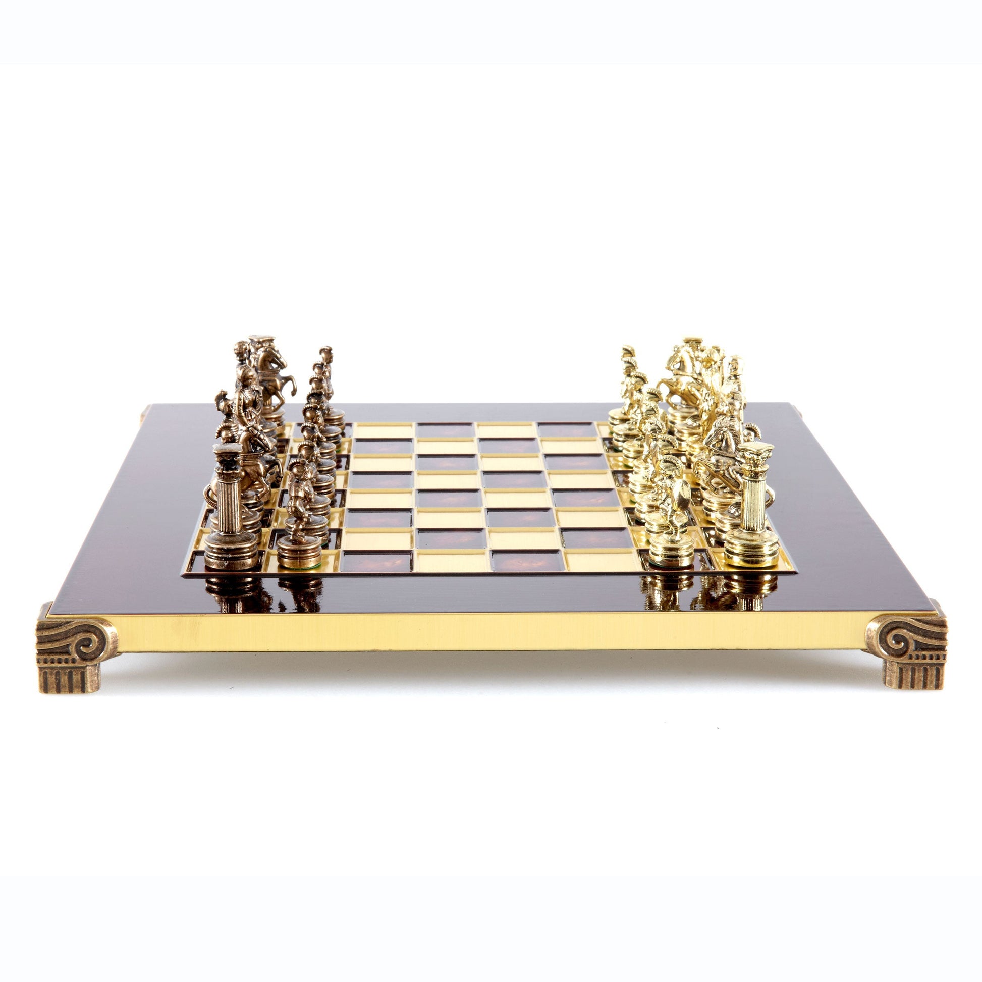 GREEK ROMAN PERIOD CHESS SET with gold/brown chessmen and bronze chessboard 28 x 28cm (Small) - Premium Chess from MANOPOULOS Chess & Backgammon - Just €163! Shop now at MANOPOULOS Chess & Backgammon