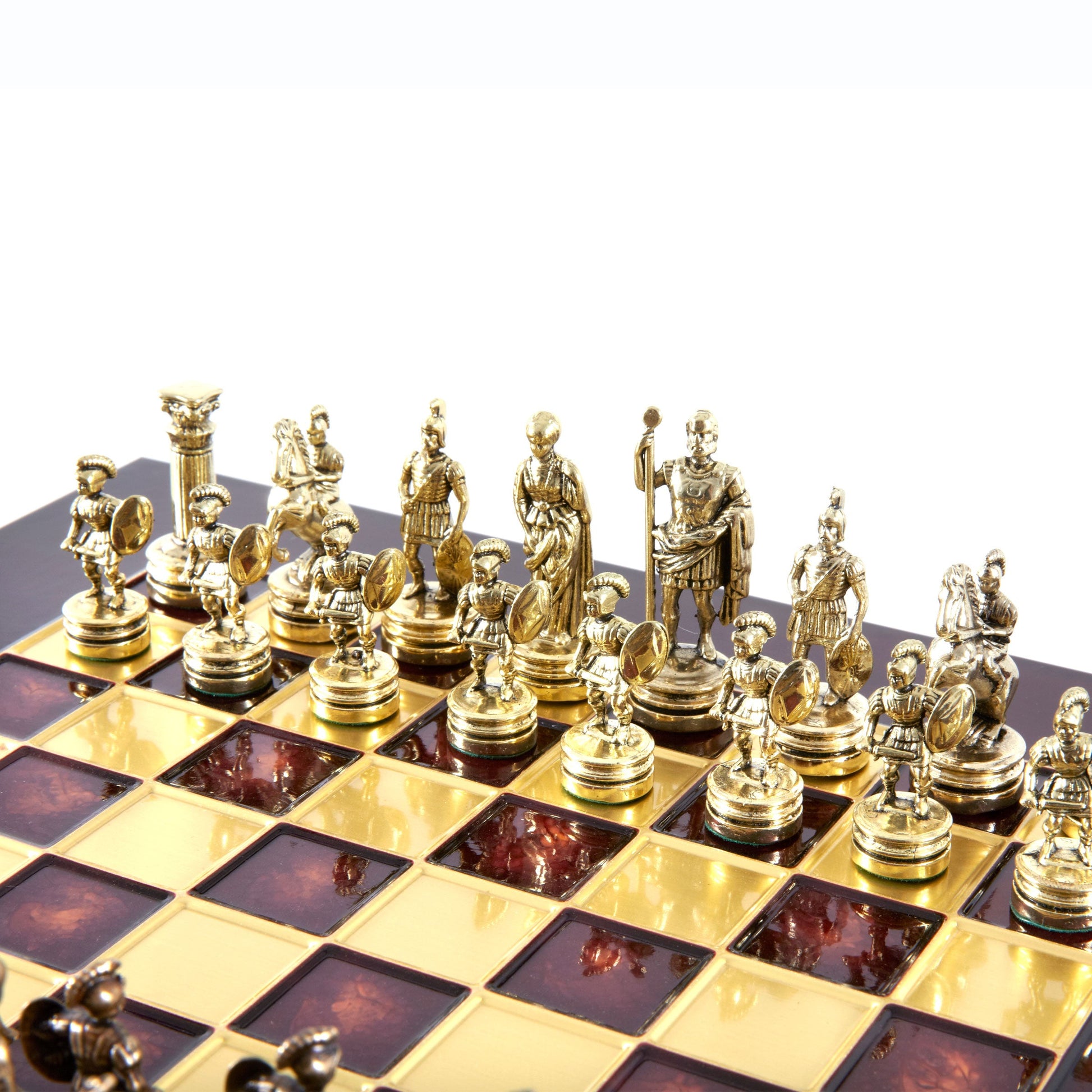 GREEK ROMAN PERIOD CHESS SET with gold/brown chessmen and bronze chessboard 28 x 28cm (Small) - Premium Chess from MANOPOULOS Chess & Backgammon - Just €163! Shop now at MANOPOULOS Chess & Backgammon