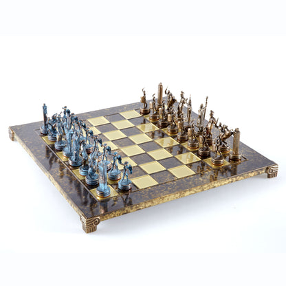 GREEK MYTHOLOGY CHESS SET with blue/brown chessmen and bronze chessboard 36 x 36cm (Medium) - Premium Chess from MANOPOULOS Chess & Backgammon - Just €210! Shop now at MANOPOULOS Chess & Backgammon