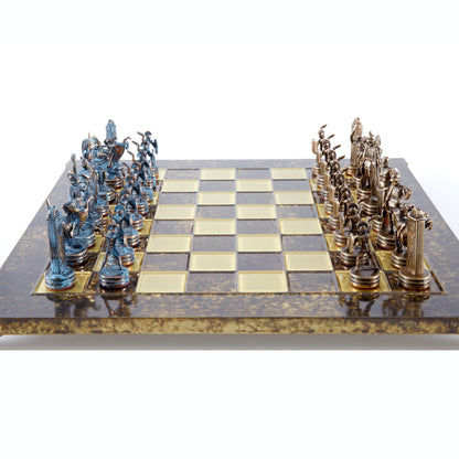 GREEK MYTHOLOGY CHESS SET with blue/brown chessmen and bronze chessboard 36 x 36cm (Medium) - Premium Chess from MANOPOULOS Chess & Backgammon - Just €210! Shop now at MANOPOULOS Chess & Backgammon