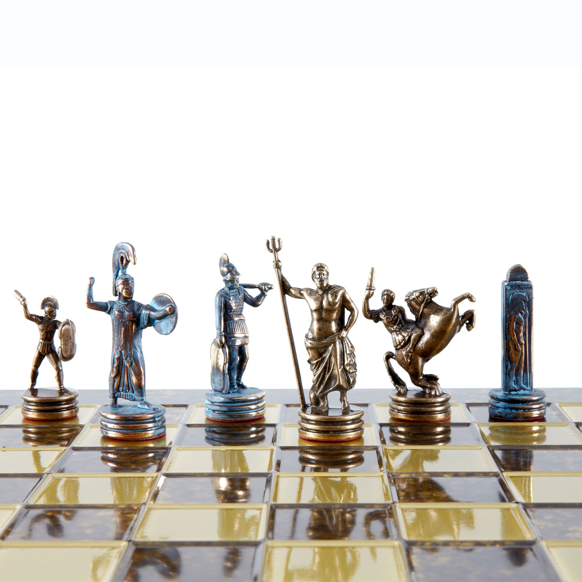 GREEK MYTHOLOGY CHESS SET with blue/brown chessmen and bronze chessboard 36 x 36cm (Medium) - Premium Chess from MANOPOULOS Chess & Backgammon - Just €210! Shop now at MANOPOULOS Chess & Backgammon