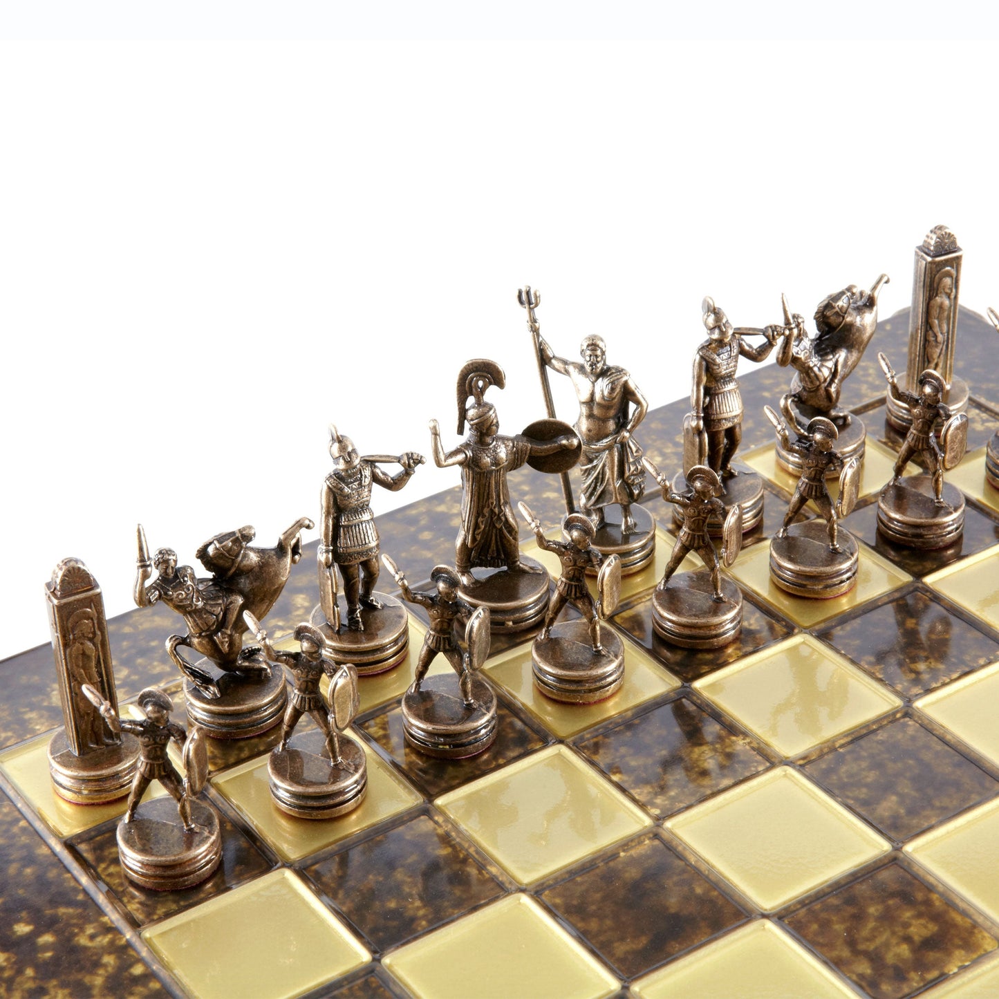 GREEK MYTHOLOGY CHESS SET with blue/brown chessmen and bronze chessboard 36 x 36cm (Medium) - Premium Chess from MANOPOULOS Chess & Backgammon - Just €210! Shop now at MANOPOULOS Chess & Backgammon