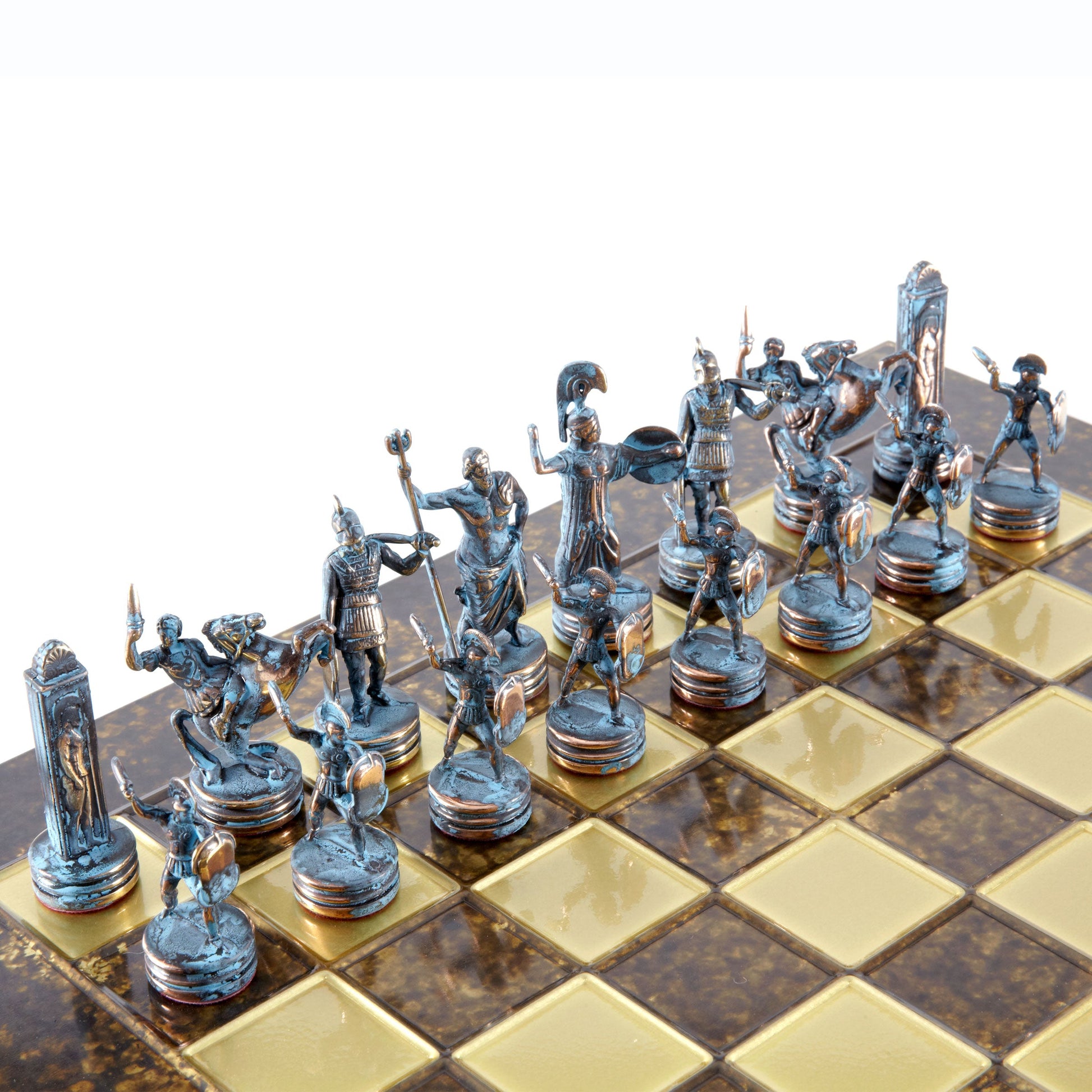 GREEK MYTHOLOGY CHESS SET with blue/brown chessmen and bronze chessboard 36 x 36cm (Medium) - Premium Chess from MANOPOULOS Chess & Backgammon - Just €210! Shop now at MANOPOULOS Chess & Backgammon