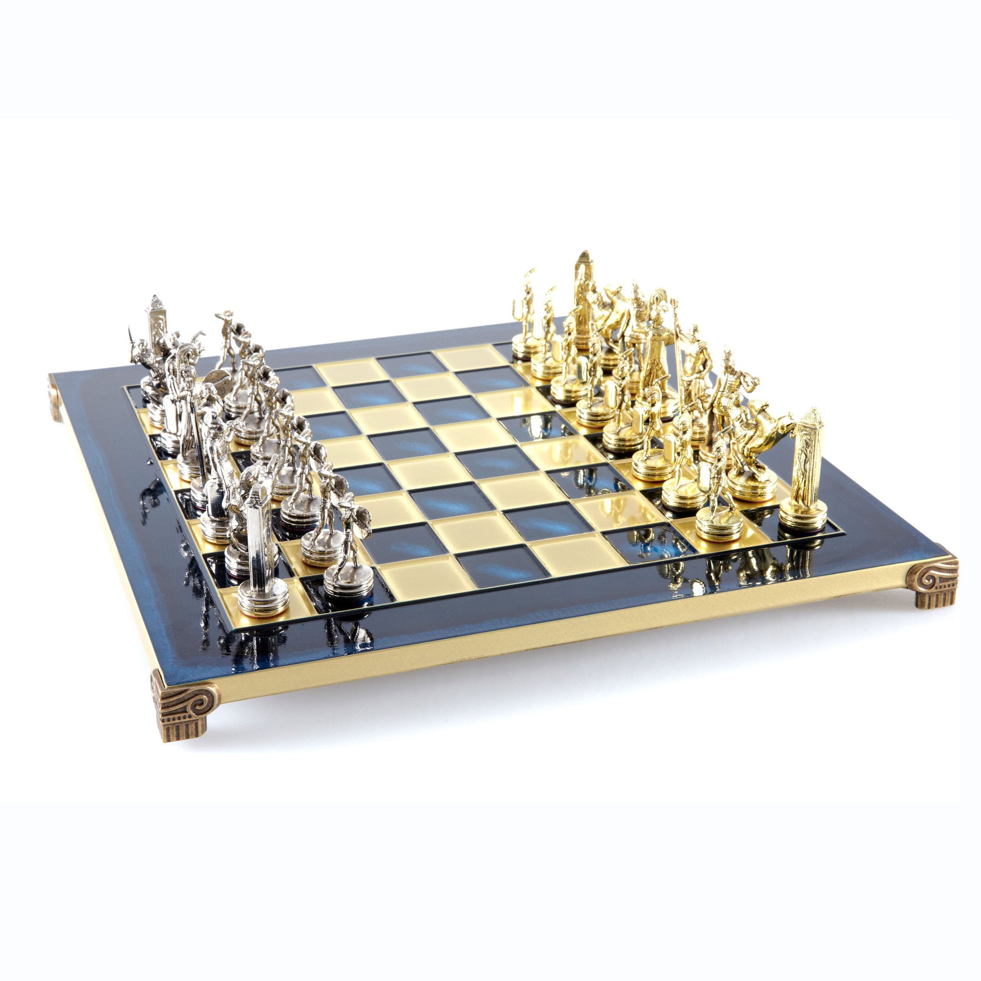 Handcrafted Greek Mythology Chess Set - Gold & Silver Chessmen with Bronze Board (Medium) BLU - Premium Chess from MANOPOULOS Chess & Backgammon - Just €210! Shop now at MANOPOULOS Chess & Backgammon