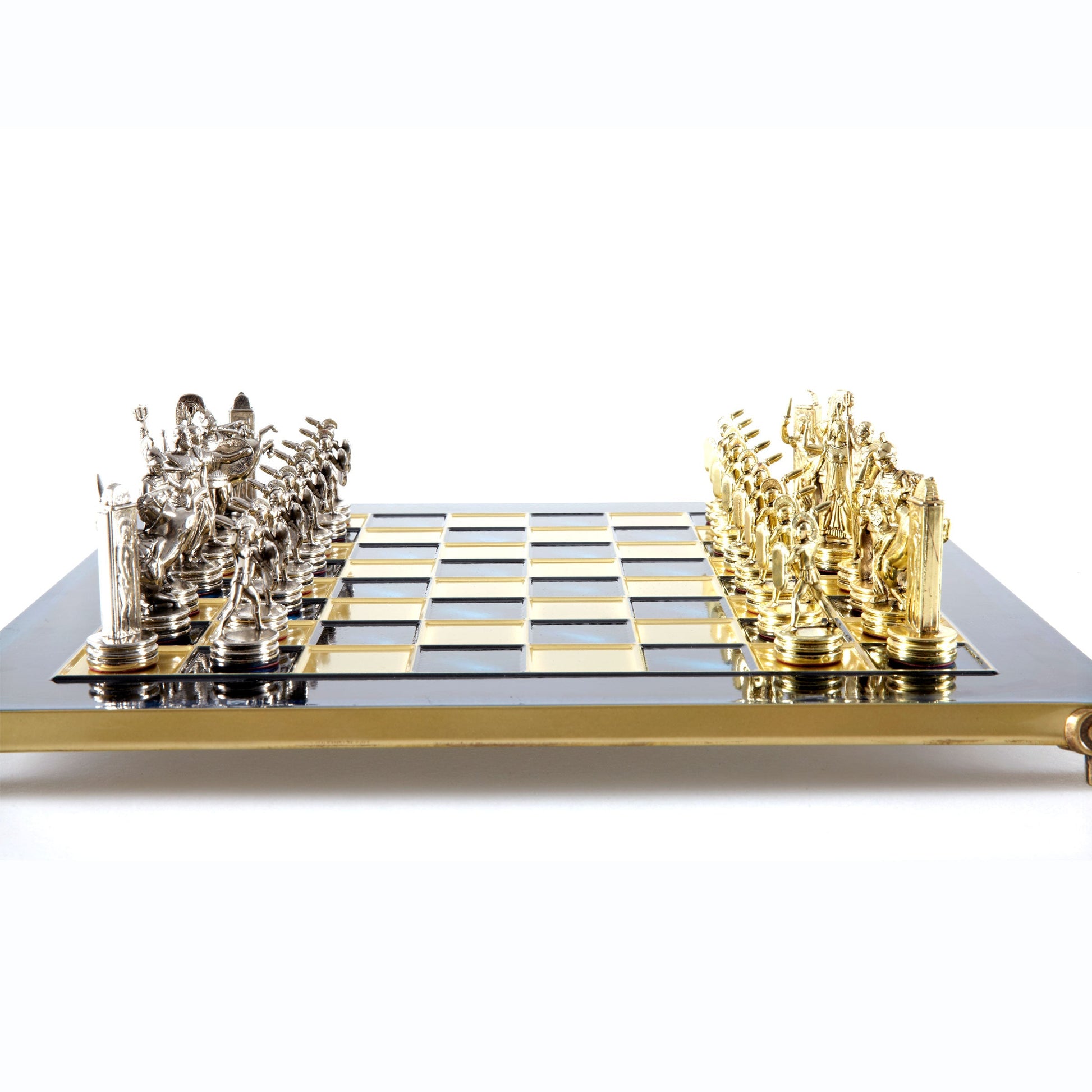 Handcrafted Greek Mythology Chess Set - Gold & Silver Chessmen with Bronze Board (Medium) BLU - Premium Chess from MANOPOULOS Chess & Backgammon - Just €210! Shop now at MANOPOULOS Chess & Backgammon