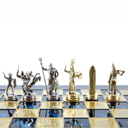 Handcrafted Greek Mythology Chess Set - Gold & Silver Chessmen with Bronze Board (Medium) BLU - Premium Chess from MANOPOULOS Chess & Backgammon - Just €210! Shop now at MANOPOULOS Chess & Backgammon