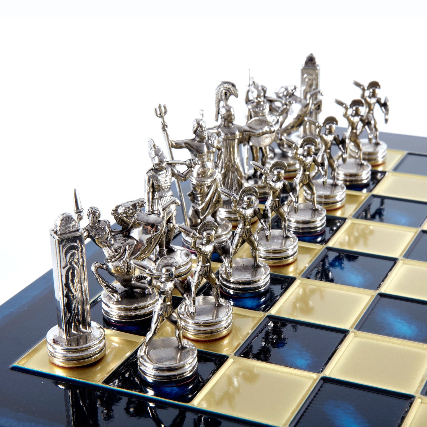 Handcrafted Greek Mythology Chess Set - Gold & Silver Chessmen with Bronze Board (Medium) BLU - Premium Chess from MANOPOULOS Chess & Backgammon - Just €210! Shop now at MANOPOULOS Chess & Backgammon