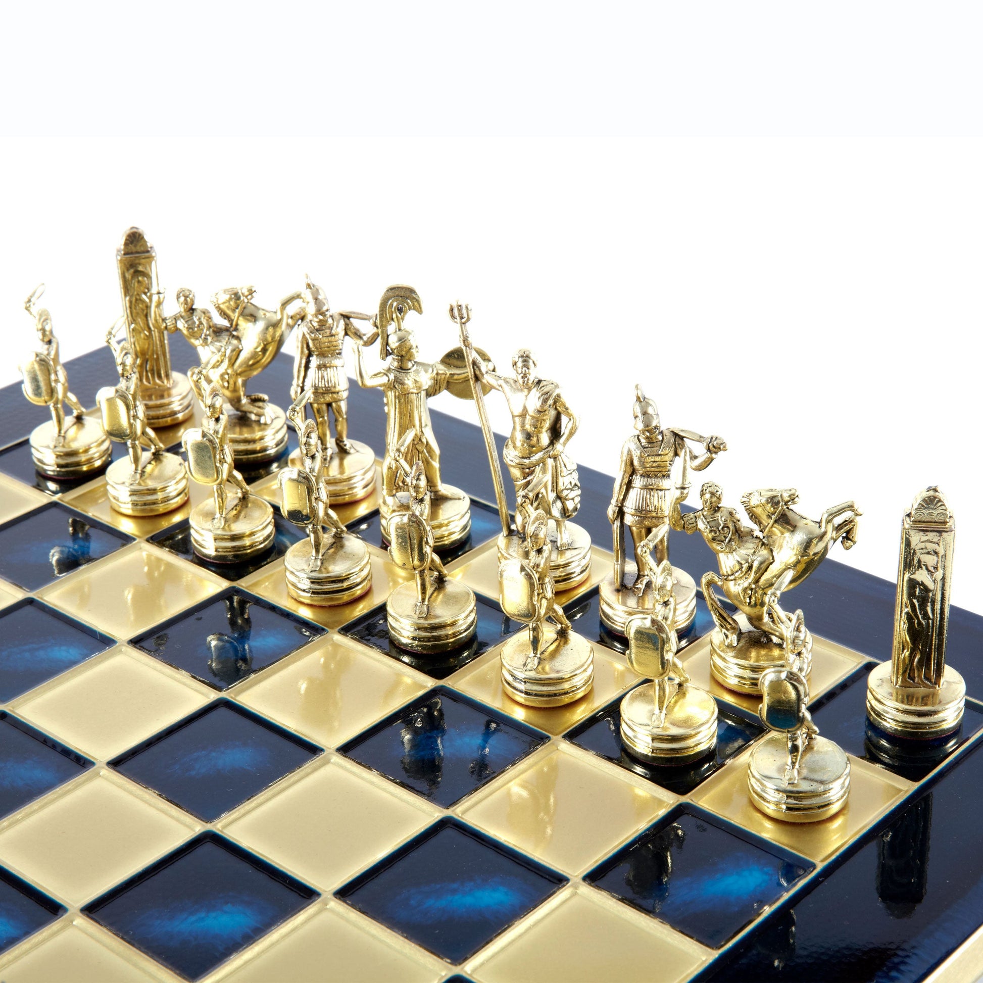 Handcrafted Greek Mythology Chess Set - Gold & Silver Chessmen with Bronze Board (Medium) BLU - Premium Chess from MANOPOULOS Chess & Backgammon - Just €210! Shop now at MANOPOULOS Chess & Backgammon