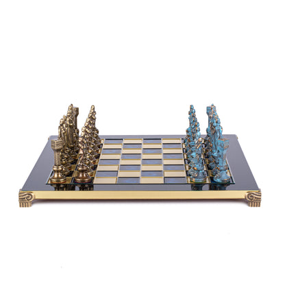 RENAISSANCE CHESS SET with brown/blue chessmen and bronze chessboard 36 x 36cm (Medium)