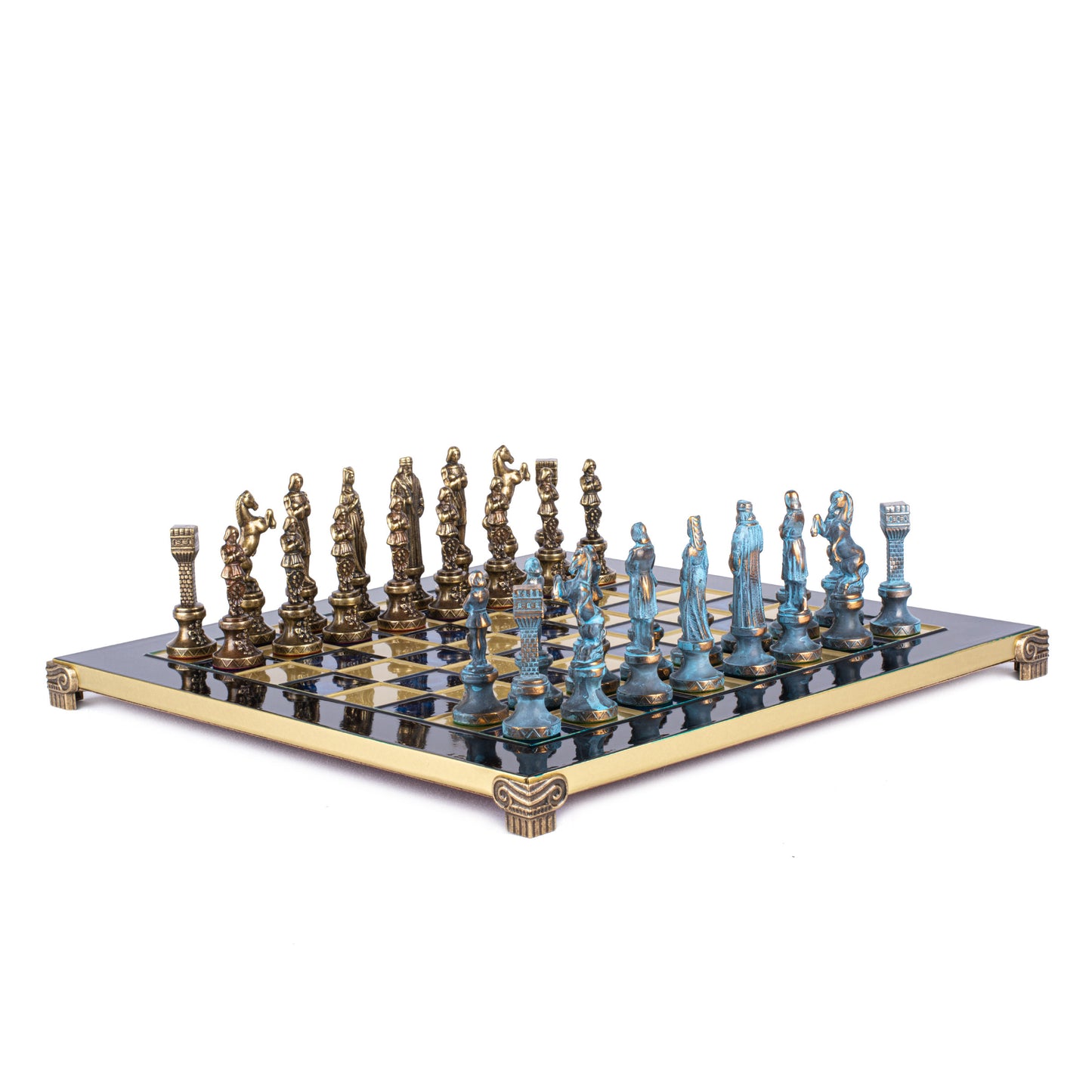 RENAISSANCE CHESS SET with brown/blue chessmen and bronze chessboard 36 x 36cm (Medium)