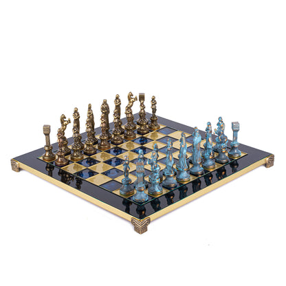 RENAISSANCE CHESS SET with brown/blue chessmen and bronze chessboard 36 x 36cm (Medium)