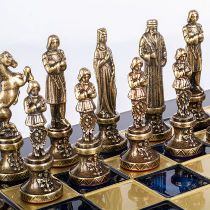 RENAISSANCE CHESS SET with brown/blue chessmen and bronze chessboard 36 x 36cm (Medium)