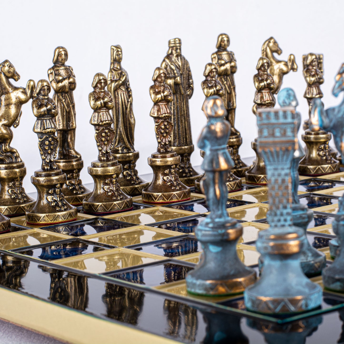 RENAISSANCE CHESS SET with brown/blue chessmen and bronze chessboard 36 x 36cm (Medium)