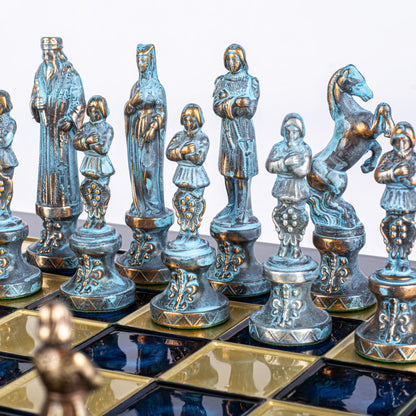 RENAISSANCE CHESS SET with brown/blue chessmen and bronze chessboard 36 x 36cm (Medium)