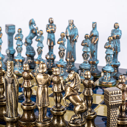 RENAISSANCE CHESS SET with brown/blue chessmen and bronze chessboard 36 x 36cm (Medium)