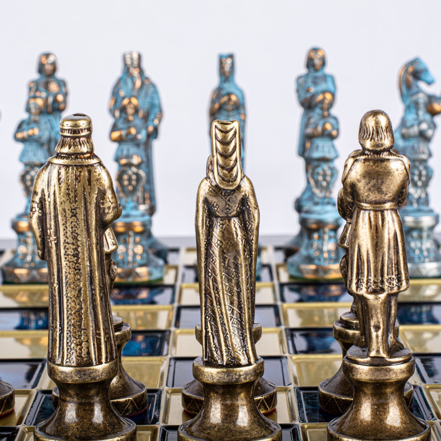 RENAISSANCE CHESS SET with brown/blue chessmen and bronze chessboard 36 x 36cm (Medium)